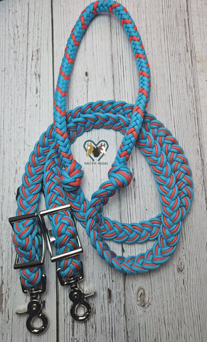 Turquoise & Red Barrel Reins, 6 feet, Round Braid