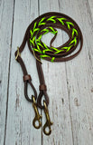 8-1/2 Foot Adjustable Leather Reins w/Neon Green