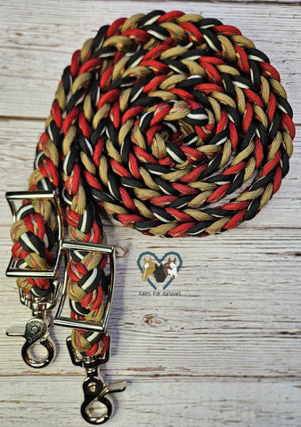 Gold, Black, White, Red with Camo Adjustable Riding Reins