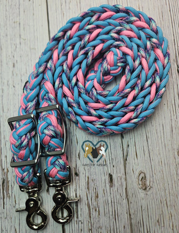 Baby Blue, Rose Pink with Acid Purple & White Adjustable Riding Reins