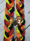 Hippie with Red/Black Striped, Yellow, Black, Orange & Yellow Adjustable Riding Reins