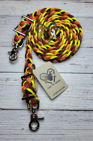 Hippie with Red/Black Striped, Yellow, Black, Orange & Yellow Adjustable Riding Reins