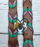 Leather Riding Reins with Purple & Green Teal Lacing