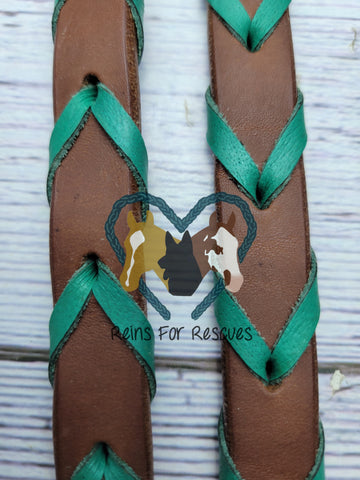 Leather Riding Reins with Green Teal Lacing