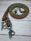 Leather Riding Reins with Green Teal Lacing