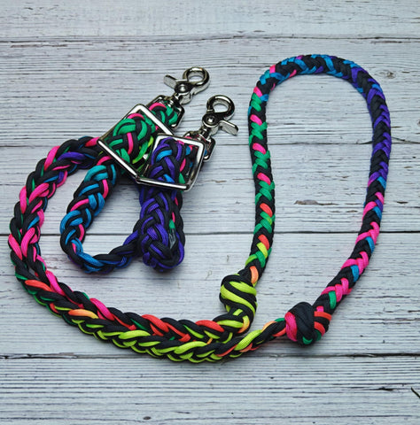 Neon Rainbow & Black Barrel Reins, Round & Flat Braid