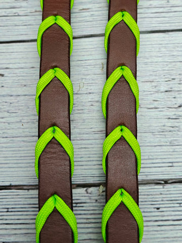 8-1/2 Foot Adjustable Leather Reins w/Neon Green