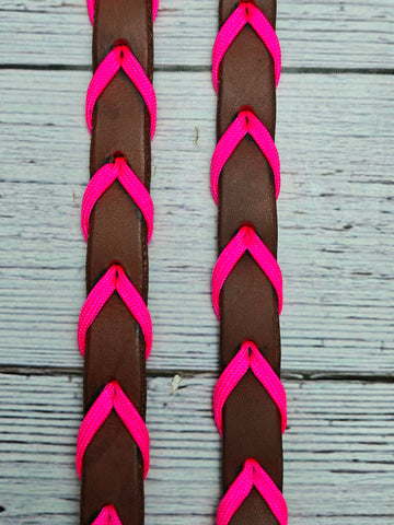 8-1/2 Foot Adjustable Leather Reins w/Hot Pink