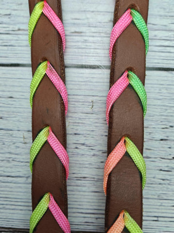 Brown Leather Reins with Rainbow Ombre Trim