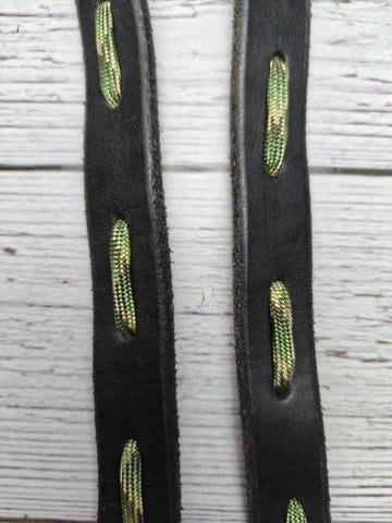Black Leather Reins with Green Camo Trim