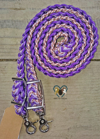 Reflective Purple, Brown Checkered and White Adjustable Reins