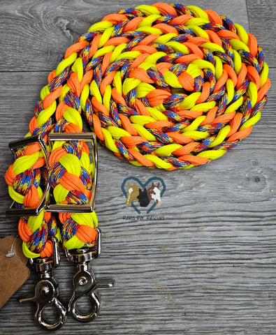 Neon Orange & Yellow with Blue, Red & Yellow Camo Adjustable Riding Reins